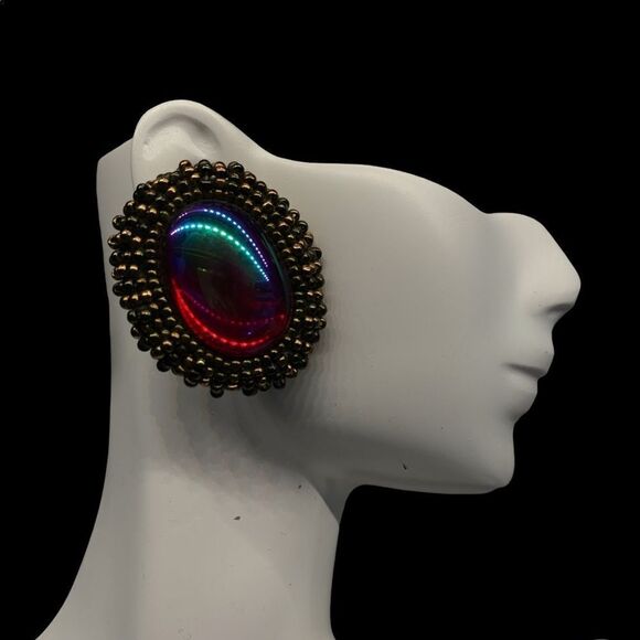 -Vintage red European iridescent glass w/ ox gold beaded earrings pierced art - Picture 9 of 10